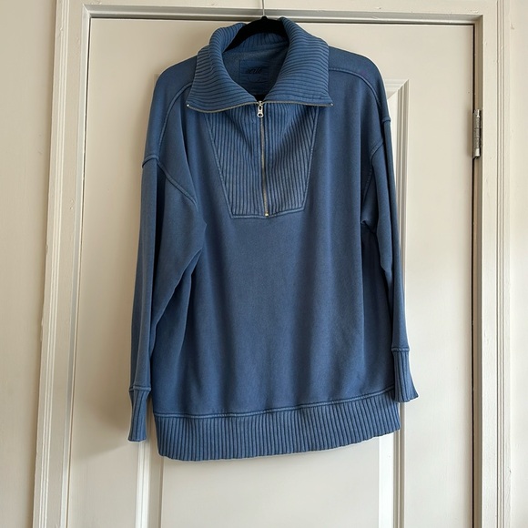 Aerie Down to Earth Ribbed Quarter Zip Sweatshirt in Blue - Picture 2 of 3